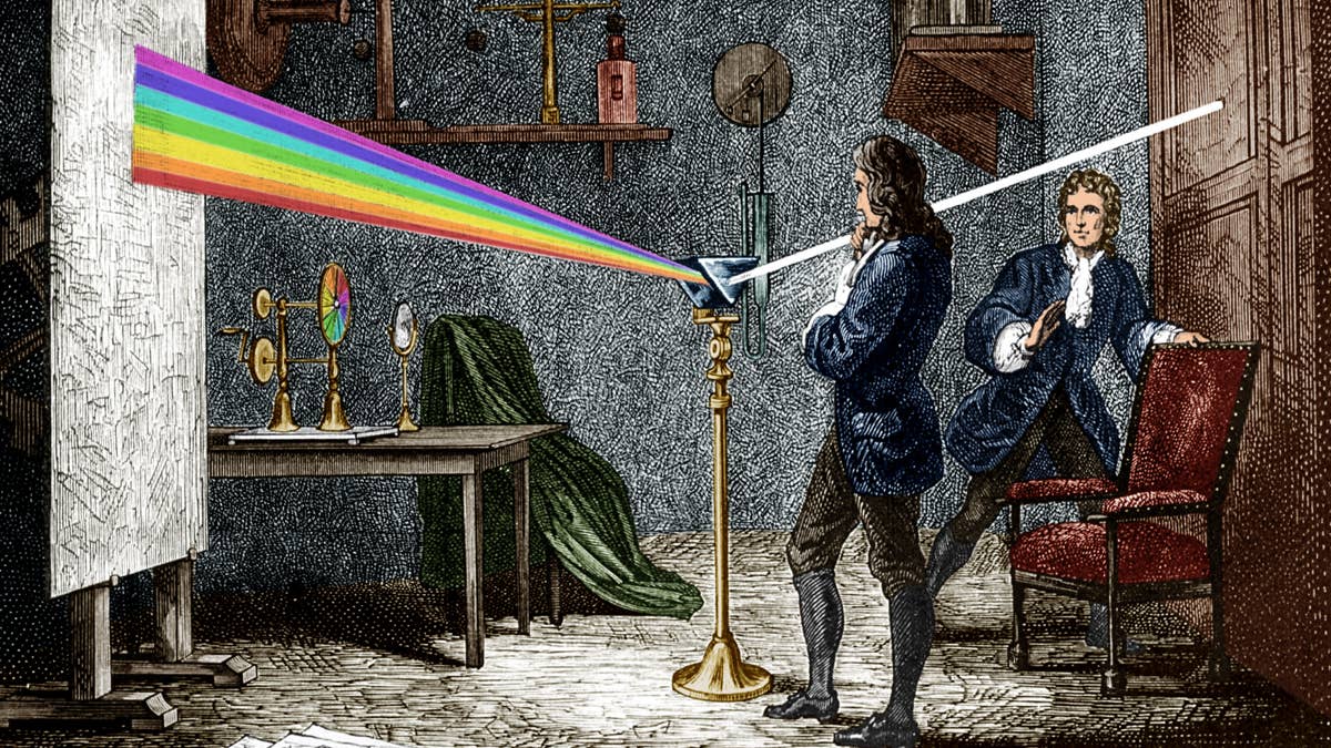 Isaac newton 1642 1727 english mathematician physicist and astronomer author of the theory of terrestrial universal attraction here dispersing light with a glass prism engraving colorized docume